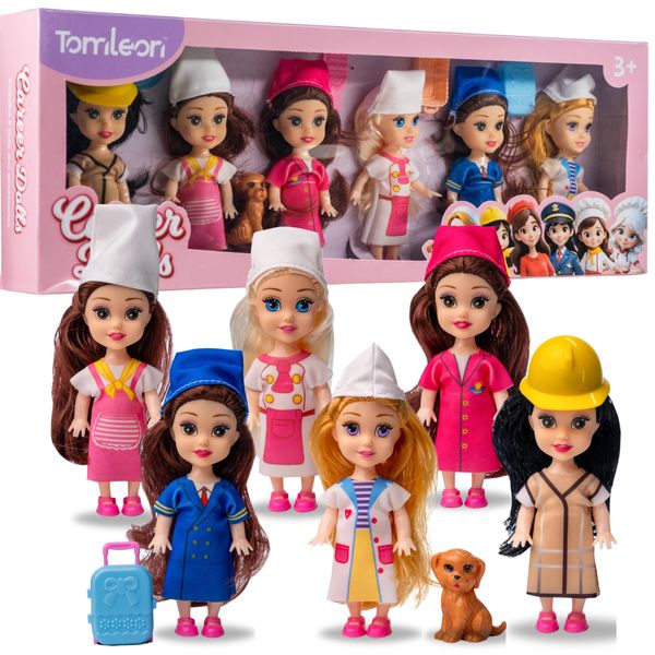 TOMLEON Career Dolls Playset – 6 Mini Dolls with Outfits for Chef, Veterinarian, Pilot, Construction Worker, Teacher & Baker – Educational Role Play Set with Accessories & Extra Clothes