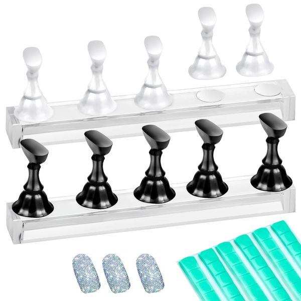 sansan 2 Set Nail Holders for Painting Nails Acrylic Display Stand Magnetic Practice Fingernail DIY Art with 96 Pcs Reusable Adhesive Putty False Tip Manicure Tool, Black