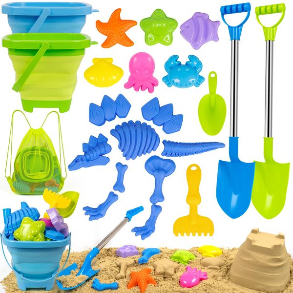 FUNWEGOT Beach Sand Toys Set Includes Collapsible Buckets 2 Big Size Sand Shovels, Rake, Animal Sand Molds Toys with Mesh Bag, Sandbox Kit for Kids Age 3+(22 PCS)