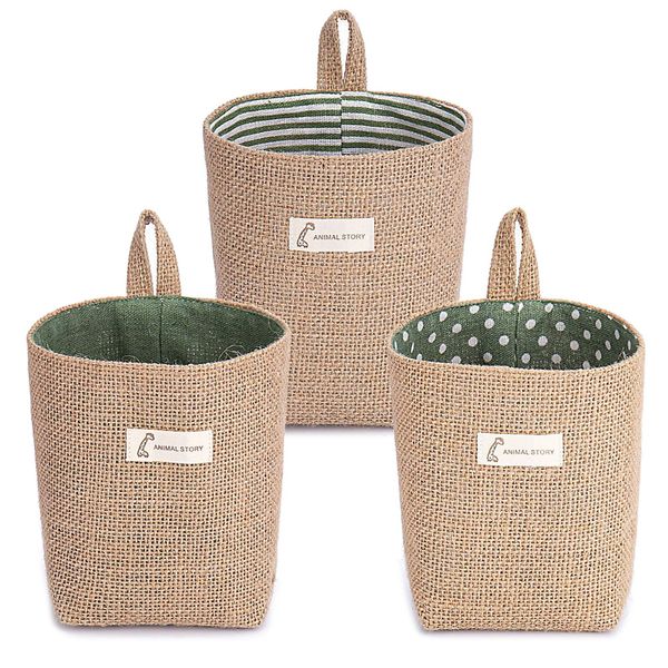 Besylo Cotton Linen Storage Basket Bag, 3pcs Hanging Cotton Linen Storage Organiser Bag, Small Foldable Cotton Linen Storage Bin, for Toy Makeup Key Small Stuff, Potted Planting Bag, Desktop Storage