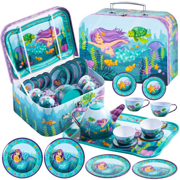 JOYIN Mermaid Tea Party Set for Little Girls, Pretend Tin Teapot Set, Princess Tea Time Play Kitchen Toy with Cups, Plates and Carrying Case for Birthday Easter Gifts Kids Toddlers Age 3 4 5 6