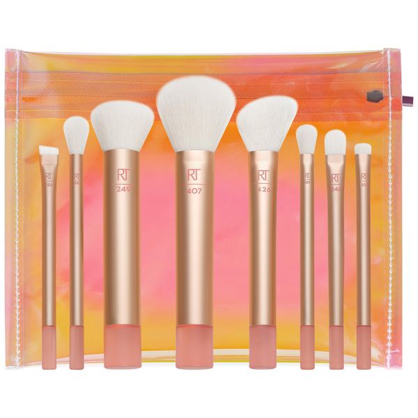 Real Techniques The Wanderer Make up brush kit, Premium and Professional 8 Midi-size Brush Set with Bag, Soft Bristles, For Foundations, Powders, and Concealers, Gold’