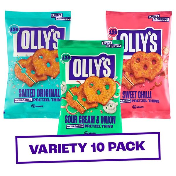 Olly's Pretzel Thins, Mixed Variety Pack, 35g (Pack of 10), x3 Sour Cream, x3 Sweet Chilli & x4 Original Salted, Low Calorie Snacks, Low Fat, Source of Fibre, No Preservatives