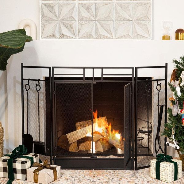 Barton Fireplace Screen 4-Panel+Decorative+Magnetic Door Design+Mesh+Iron Black