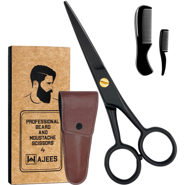 WAJEES Beard Scissors for Men A Complete Set of Grooming Scissors Men, 1 Mustache Comb, & 1 Beard Grooming Comb in a Carrying Pouch Perfect Mustache Scissors, Men’s Facial Hair Scissors