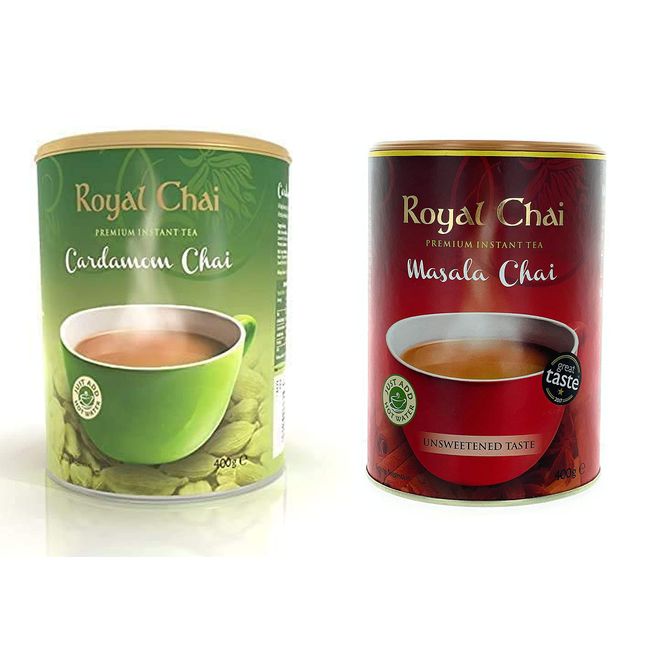 Royal Chai Cardamom Unsweetened 400g and Masala Unsweetened 400g - Premium Instant natural Tea