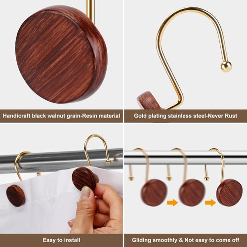 YanKiTour Shower Curtain Hooks, 12 Pack Imitation Wood Grain Resin Rings, Decorative Round Log Design Hangers for Bathroom Bedroom Living Room Art Decors (Black Walnut Grain-Gold Hook)