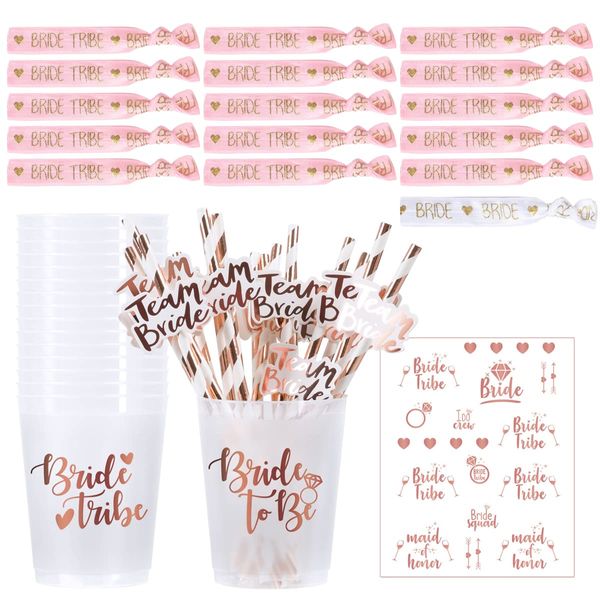 iZoeL Hen Party Accessories, Hen Party Cups Straws 16 Set, 1 Bride Bracelet 15 Bride Tribe Bracelet, Tattoos Bride Tribe - Hen Party Decoration Hen Party Bag Fillers Hen Do Bride to Be Decorations