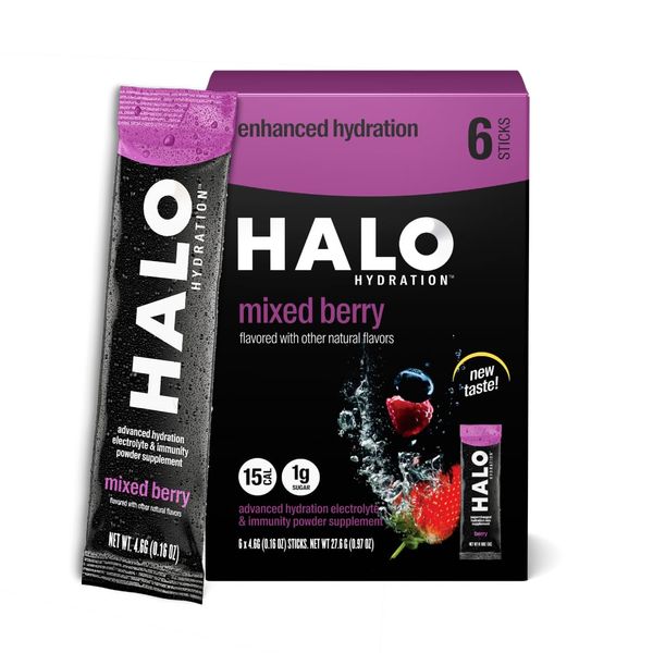 HALO Hydration - Electrolyte Drink Mix | Hydration Powder Packets | Berry Flavor – For Sports and Cycling | Easy Open Single Serving Stick | 6 Sticks