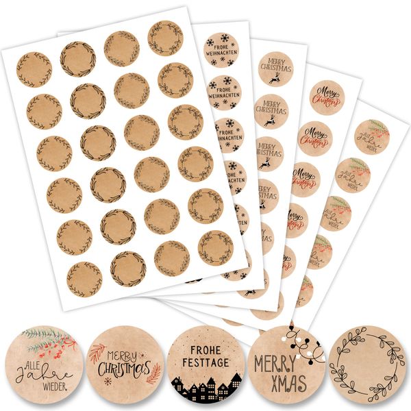 5er Set Aufkleber für Weihnachten (120 Sticker) - Weihnachtsaufkleber für Geschenke - Weihnachtssticker Rund - Fröhliche Weihnachts Etiketten zum beschriften - Selbstklebend - Kraftpapier-Optik