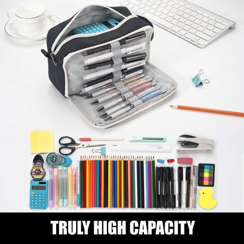 Sooez High Capacity Pencil Case, Big Pencil Bag Pouch Box Organizer Pen Case, Portable Journaling Supplies with Easy Grip Handle & Loop, Asthetic Supply for Girls Adults, Black