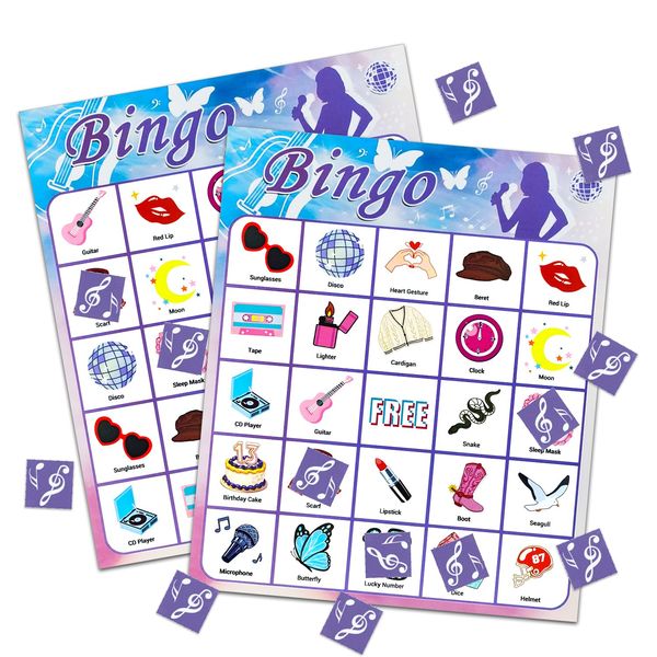 MUSEMET Bingo Cards Set Taylor Paper Bingo Music Themed Bingo Cards Disposable Birthday Bingo Game Halloween Christmas Party Favors Bingo Chips for 24 Players Gatherings