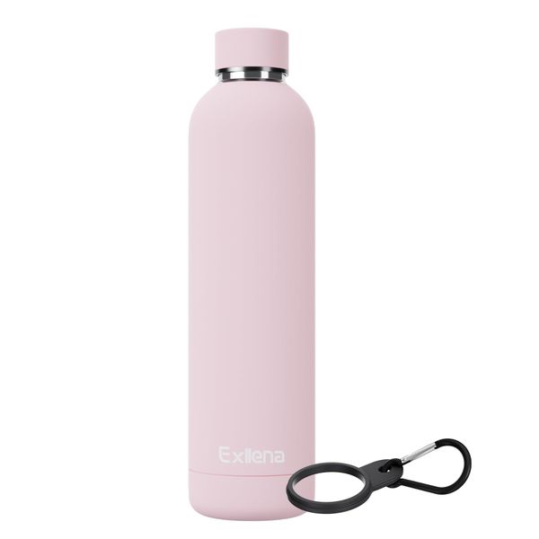 Exllena Insulated Water Bottles 1l with Clip, Double Wall Vacuum Drinks Bottle Keeps Drinks Cold 24 Hrs/Hot 12 Hrs, Stainless Steel Water Bottle BPA Free(Pink)