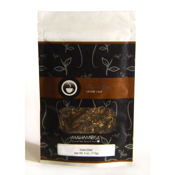 Mahamosa Tulsi Chai Tea 4 oz - Black Chai Tea Loose Leaf (Looseleaf) (with dried tulsi leaf (holy basil), ginger root, cinnamon chips, and ginger, cinnamon and vanilla flavor)