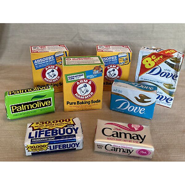 Vintage LOT -PINK CAMAY, Palmolive, Lifebouy, Dove Soap Bars & Pure Baking Soda