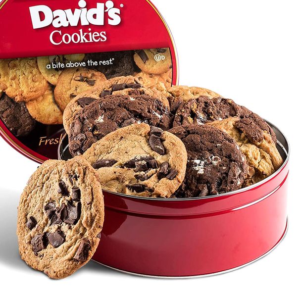 David's Cookies Assorted Fresh-Baked Decadent Cookie Gift Basket Tin — Luscious Large Cookies No Added Preservatives 4 oz./ each— All-Natural Cookies — Ideal Gift for Corporate Birthday Fathers Mothers Day Get Well and Other Special Occasions - 2 lb (8 Co