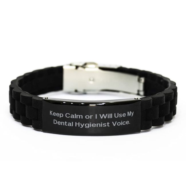 Epic Dental Hygienist Gifts, Keep Calm or I Will Use My Dental, Dental Hygienist Black Glidelock Clasp Bracelet from Coworkers, Toothbrush, Dental Floss, Toothpaste, Mouthwash, Dentist