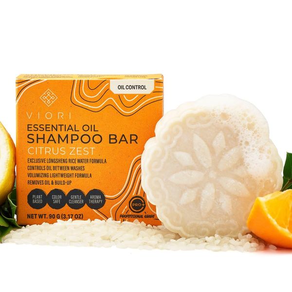 Viori Citrus Zest Essential Oil Shampoo Bar Made with Rice Water - Handcrafted All Natural Shampoo Bars - Sulfate Free Shampoo