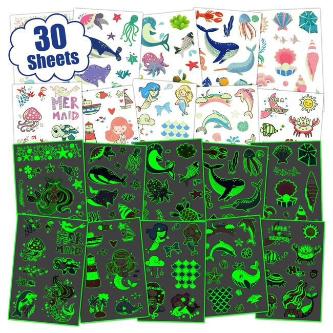 TatoYard 30 Sheets Mermaid Tattoos for Kids Mermaid Birthday Decorations, Mermaid Stickers Under the Sea Animals Temporary Tattoo for Girls Gifts Boys Toys Ocean Party Bag Fillers Supplies