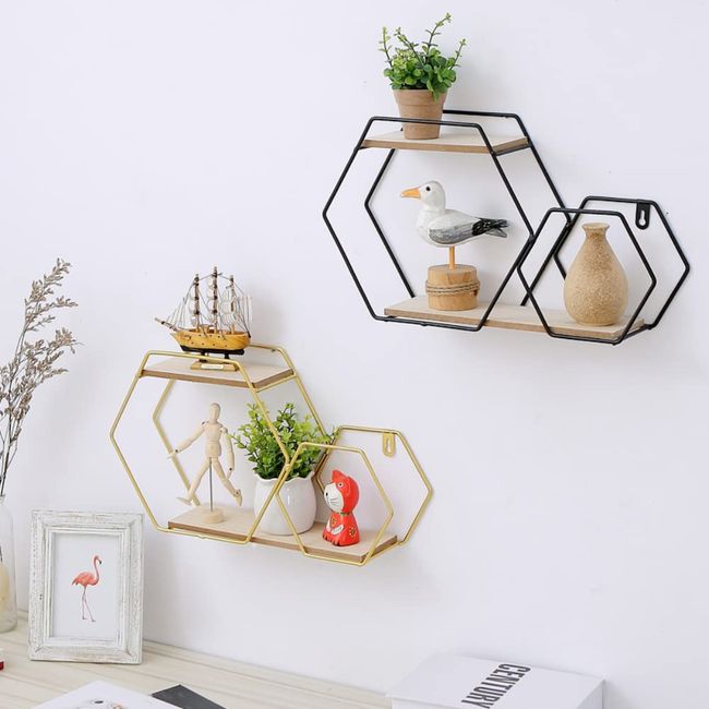 Atyhao Wall Shelf Wall Mounted Punch Shelf Display Storage Rack Home Office Decoration (Gold)