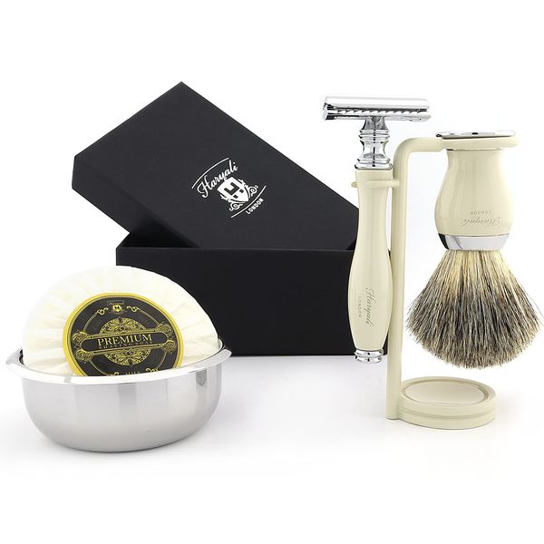 Haryali London Shaving Kit, A Luxurious 5 Pc Manual Shaving Set for Men's Grooming, Double Edge Safety Razor, Best Badger Shaving Brush, Shaving Soap, Bowl, Stand, an Ideal Shaving Set for Men