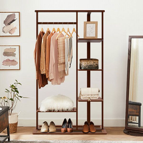 Rustic Bamboo Garment Rack Clothes Shelf w/ 4 Tier Shelves Clothes Display Rack