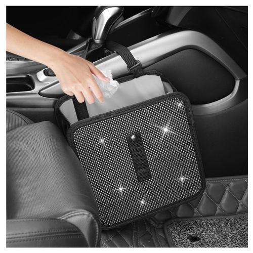 YGDMD Bling Car Trash Can with Rhinestone,Foldable Car Garbage Can for In-Vehicle Waste Disposal,Multipurpose Hanging Back Seat Organizer & Decorations Fit for Most Cars Trucks