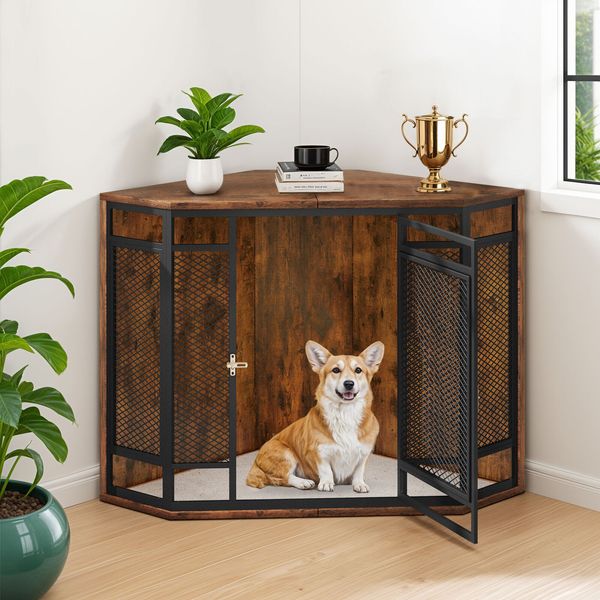 30" Corner Dog Crate Wooden Pet Kennel Iron Cage Freestanding Removable Cushion