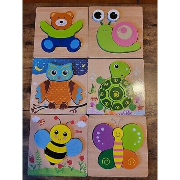 Set of 6 Wooden Puzzles for Toddlers w/ Storage Bag Ages 2-5 Colorful Fun Toys