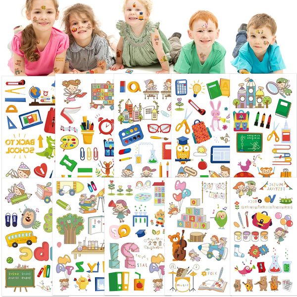 Konsait Back to School Temporary Tattoos Stickers School Bus Learning Tools School Fairy Fake Tattoos for Kids Gift for the First Day of School 136 Pieces