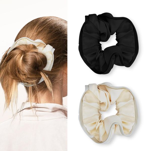 LuckyOpt Haargummis, 2 Satin-Seiden Scrunchie, zahnfreie Seiden-Haarbänder, reduziert Verfilzungen, Pferdeschwanz-Halter, lockiges Haar, grobes Haar, feines Haar (Schwarz+Beige)