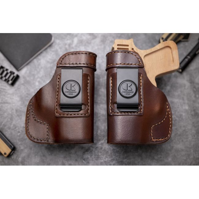 OUTBAGS USA LS2SHIELD (Brown-Right) Full Grain Heavy Leather IWB Conceal Carry Gun Holster for Smith & Wesson M&P Shield 9mm / 40 S&W. Handcrafted in USA.