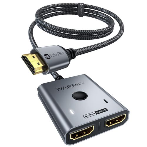WARRKY HDMI Switch 4K @ 60Hz, HDMI 2.0 Switcher 2 in 1 Out 【2K @ 144Hz, 1 m Braided Cable, HDCP 2.2】 Aluminium Switch (1 Display at a Time) Supports UHD 3D for PS5/4, Xbox, FireStick