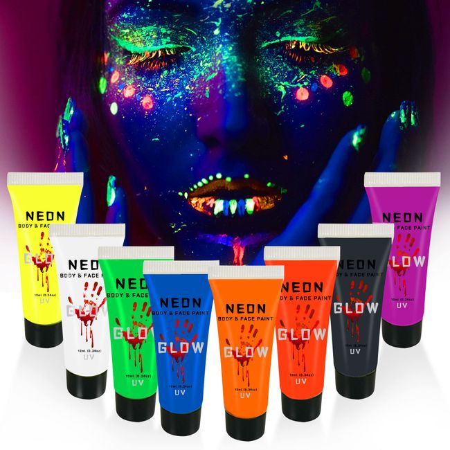 UV Face and Body Paint Glow Set of 8 Colours Face Paint Fluorescent Palette Neon Halloween Art Party Fancy Make Up Set