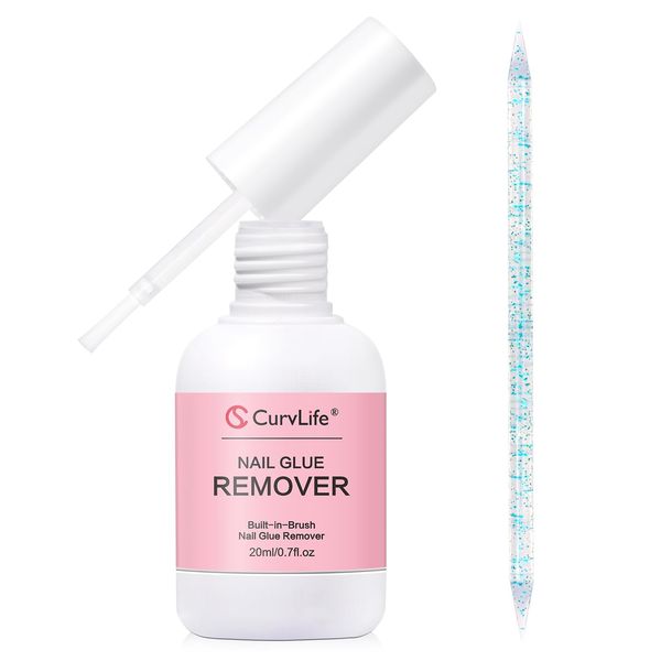 Curvlife Multi-functional Brush-on Nail Glue Remover Glue 20ml for Press on Nails Glue Remover for Fake Nail Tips Acrylic Nail Adhesive Remover with Cuticle Pusher for Girls and Women