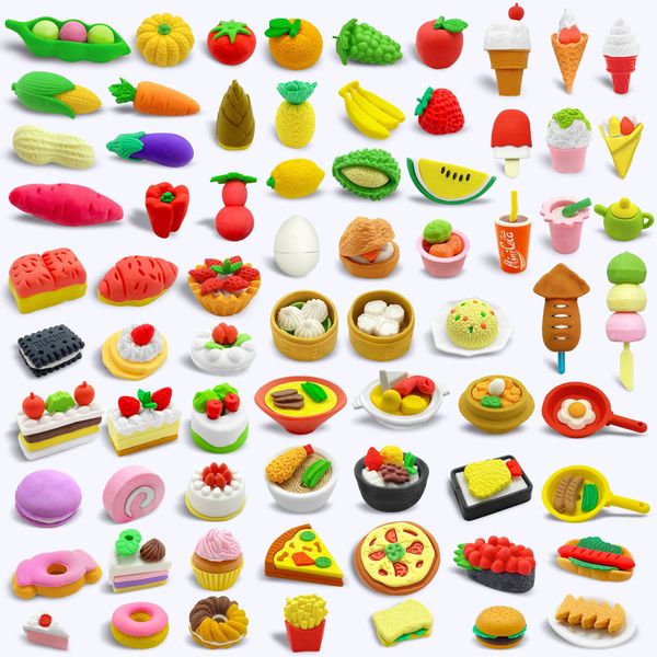 LanMa 70PCS Food Erasers for Kids Fruit Desserts Cake Puzzle Cute Erasers Set for School Classroom Prizes Party Gifts