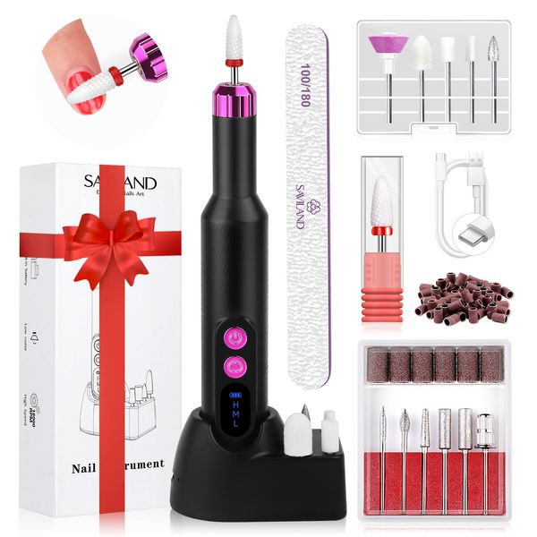 SAVILAND Electric Nail Drill Professional: Portable Electric Nail File with Base 20000RPM Rechargeable Nail Drill for Gel Acrylic Nails Remove Polish Manicure Pedicure Salon at Home