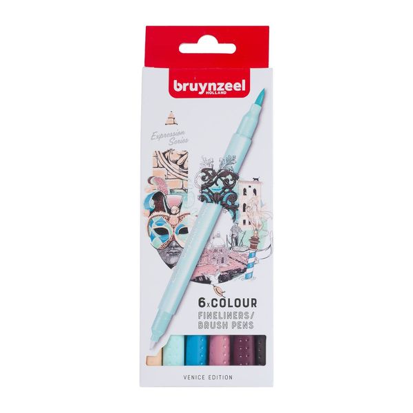 Bruynzeel Expression Twin-Tip Fineliner Brush Pens 6-Piece Set