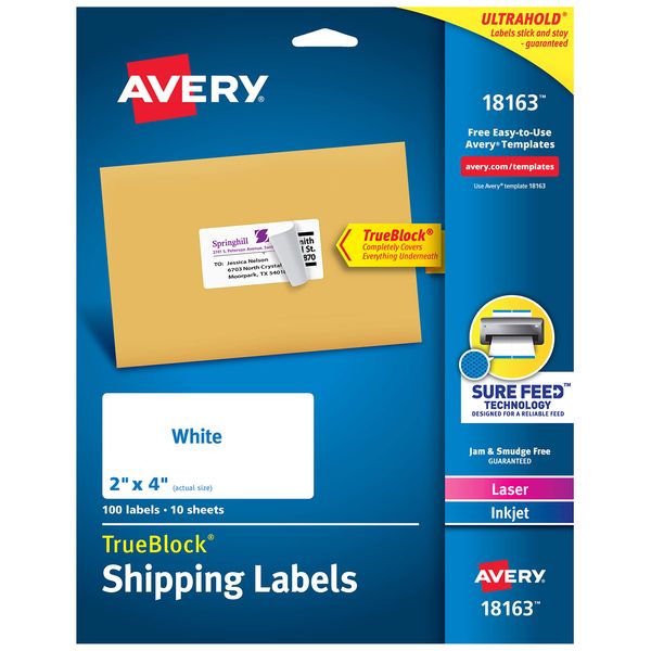 Avery Shipping Address Labels, Laser & Inkjet Printers, 100 Labels, 2x4 Labels, Permanent Adhesive, TrueBlock (18163)