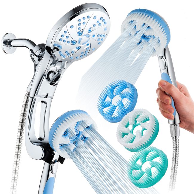 High Pressure 6-in-1 Aquassage by AquaCare - 76-mode 3-way Combo, Showerhead, Hand Shower, Body Brush, Hair Brush & Arm in One! Two Brackets, Extra-long 6 foot Stainless Steel Hose, Brush Head Holder