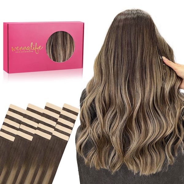 WENNALIFE Tape Extensions Echthaar, 20pcs 50g 55cm 22 Zoll Balayage Schokoladenbraun bis Honigblond Remy Invisible Tape Extensions Seidig Gerade Echthaar Extensions Skin Weft Tape Ins