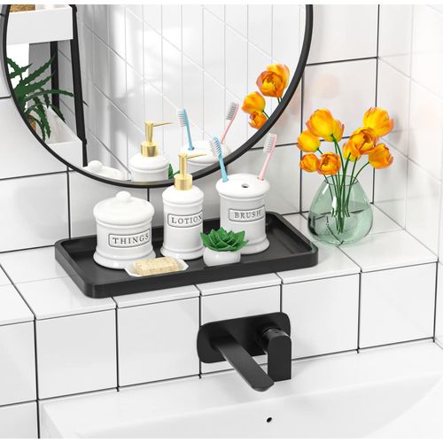 Bathroom Vanity Tray for Countertop - Bamboo Organizer Tray for Dresser Tops, Toilet, Perfume Small Decorative Tray Wood Tray for Home Decoration 11.81” L x 6.1” W x 0.79” H (Black)