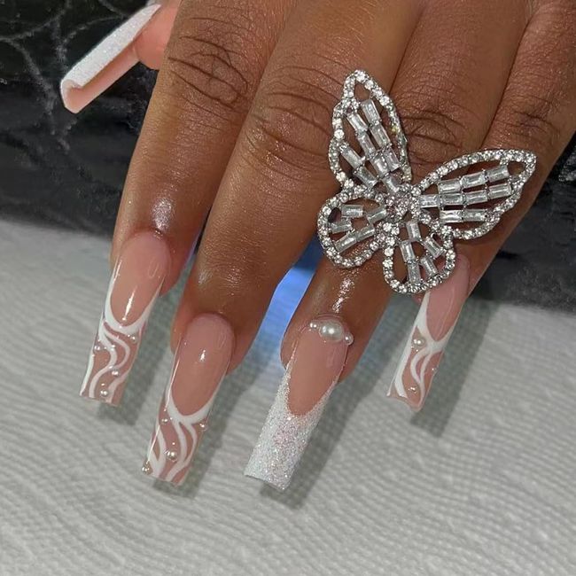 24PCS Long Coffin White French with Pearl Press on Nails with Adhesive Tabs Nude Ballerina False Nails File