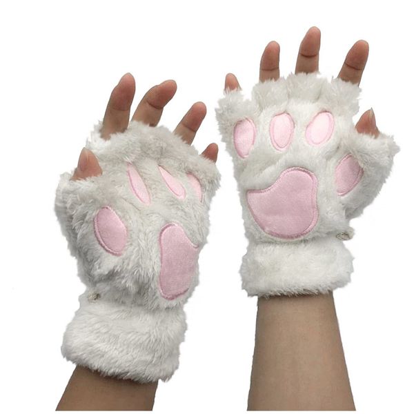 Topgrowth Women's Kawaii Gloves Plush Synthetic Fur Cosplay Cat Paw Fingerless Gloves Girls Fabric Half Finger Gloves, White, One size