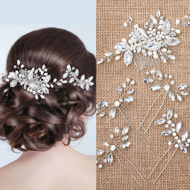 5 Pieces Crystal Bride Wedding Hair Comb Silver Bridal Hair Pieces Pearl Rhinestone Bridal Hair Clip Flower Hair Side Combs Wedding Hair Accessories for Brides Women Girls