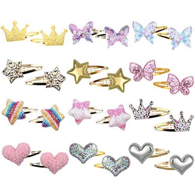 KEYRI 24 Pcs Hair Clips Girls Hair Accessories Star Butterfly Crown Heart Shaped Hair Barrettes Women Hair Pins Sparkly Cute Hair Clips for Girls Women Kids Fine Hair Thick Hair (24 Pieces)