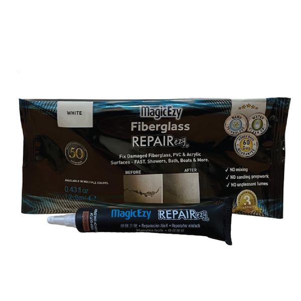 MagicEzy Fibreglass RepairEzy (White) - Fibreglass Repair Kit in a Tube - Boat, Pool, Tub, Surfboard - Fiberglass and Acrylic Shower, Bath, Hot Tub, Canoe, Jet Ski, Boat