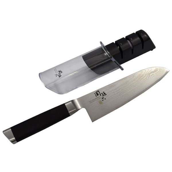 Kai Corporation AE5200 Santoku Knife, Damascus, 6.5 in (165 mm) & Diamond and Ceramic Sharpener Set, Made in Japan