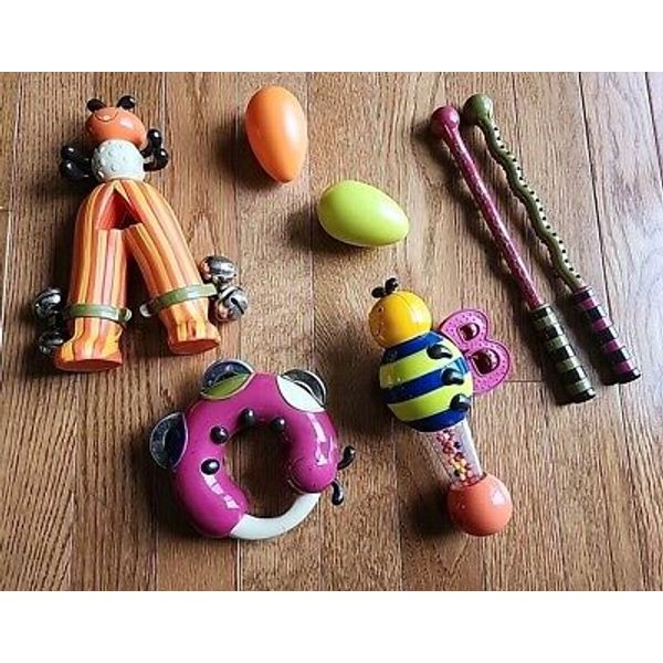 B Toys Toy Drum Set Bee Rattle Sticks Maracaras Tambourine Toy Instruments EUC