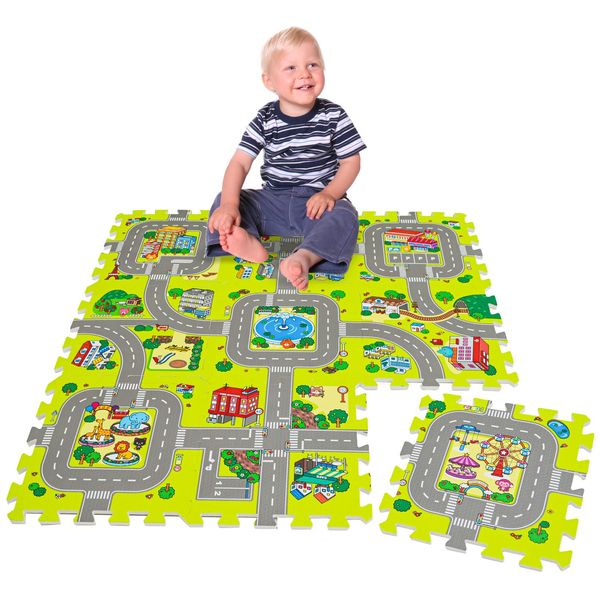 LittleTom 9-Piece Kids Car Mats - 30x30 Foldable Road Track for Toy Cars - Flexible Rubber Carpet - Outdoor Play Mat